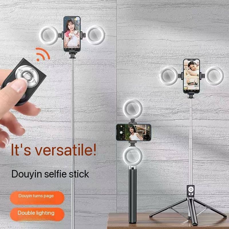 EXTENDABLE SELFIE STICK WITH DOUBLE MIRROR RINGLIGHT + TRIPOD STAND + BLUETOOTH SHUTTER - image 1