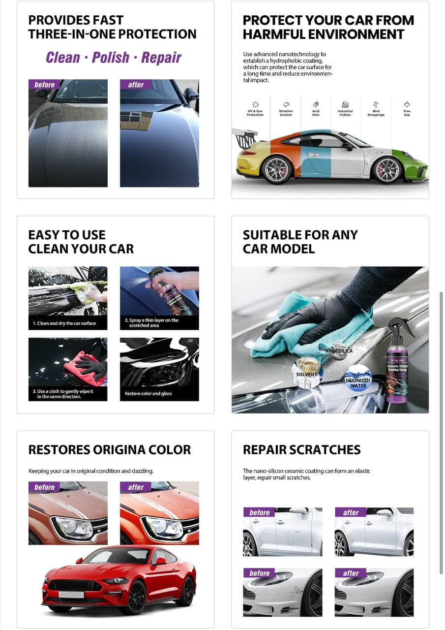 HOMONTH 3in1 HIGH PROTECTION SHINE QUICK CERAMIC CAR SHIELD COATING SPRAY (100ML) - image 1