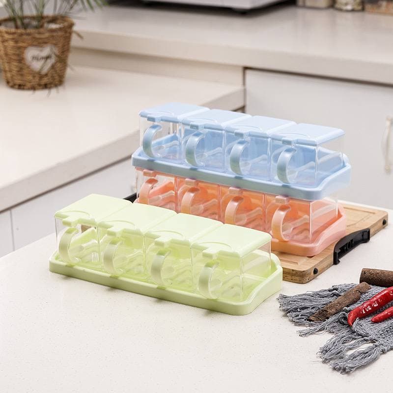 HOUSEHOLD KITCHEN TRANSPARENT MOISTURE-PROOF 4 COMPARTMENT SEASONING/SPICE JAR WITH SPOON SET - image 1