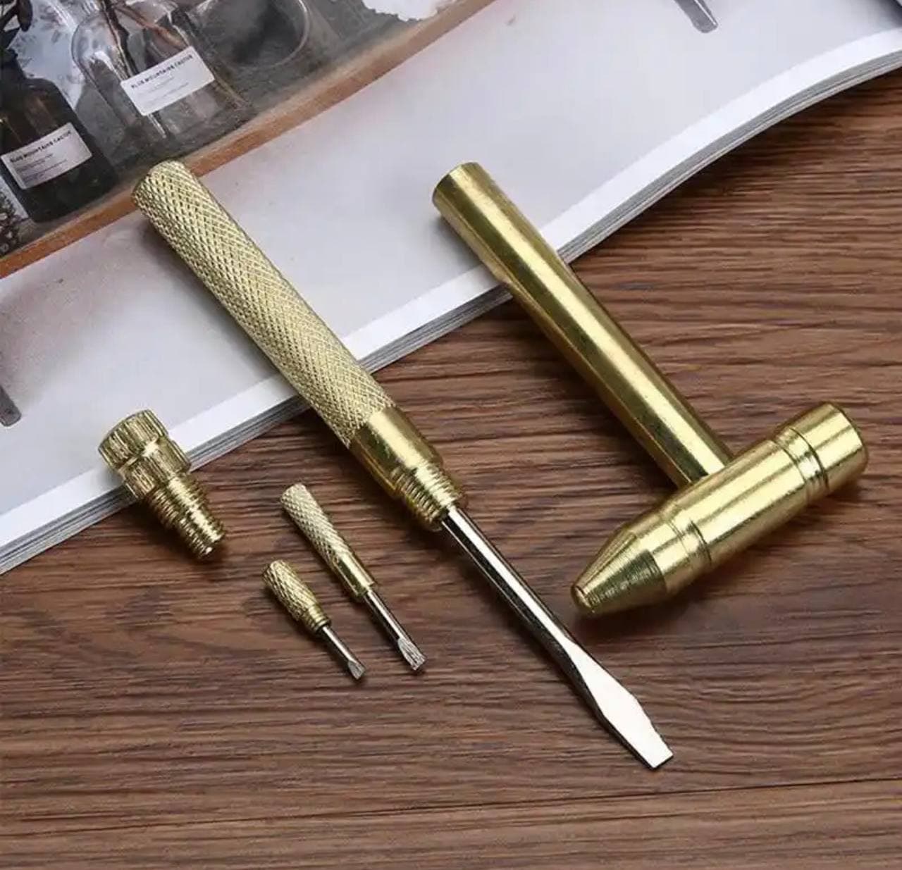 6in1 MULTIFUNCTIONAL COPPER ALLOY GOLD DETACHABLE MINI CRAFT HAMMER/SCREWDRIVER SET - image 1